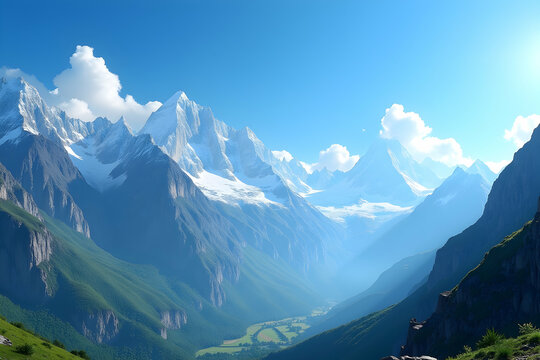 Majestic Peaks Under Azure Skies, A Serene Mountain Landscape with Lush Green Valleys and Distant Snow-Capped Summits Bathed in Soft Light, Inviting Exploration