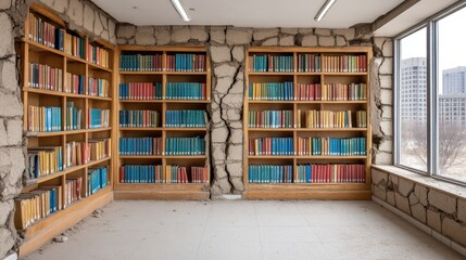 Bright and cozy reading room with wall of books window, a book lover's paradise