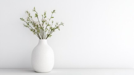 Simple white vase with delicate flowers on a white background