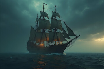 Majestic Tall Ship Sailing Through Stormy Seas at Twilight, A Professionally Captured Stock Photo Evoking Adventure and Nautical History