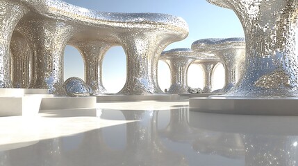 A glistening, reflective architectural interior design featuring sculpted, mirrored structures.