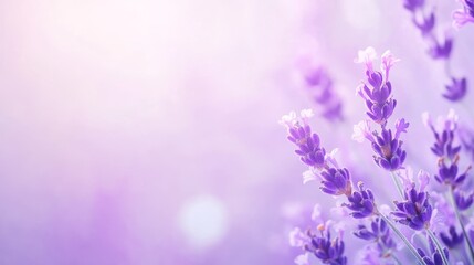 Naklejka premium A close-up of lavender flowers gently laid on a pale lavender pastel background, blending tones and leaving a clean upper area for text.