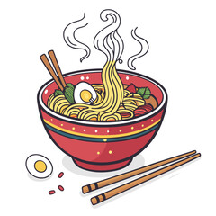 Create a bold vector illustration of a steaming bowl of ramen noodles, showcasing rich broth and toppings.  Include strong, graphic lines and impactful color.