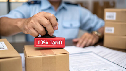 Tariff Taxes. customs officer stamps package with 10 percent tariff in office setting