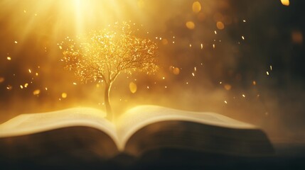 A majestic tree emerging from the pages of an open book, surrounded by golden light, symbolizing knowledge, wisdom, and inner growth, fantasy realism, soft focus, mystical aura.