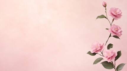 Obraz premium A minimal composition of blush pink camellias on a pastel rose background, arranged in the corners with central negative space.