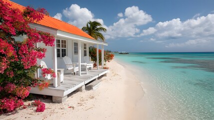 Obraz premium Charming white beach cottage with vibrant orange roof overlooks turquoise water, surrounded by pink bougainvillea and white Adirondack chairs on a wooden porch, tropical Caribbean setting. 