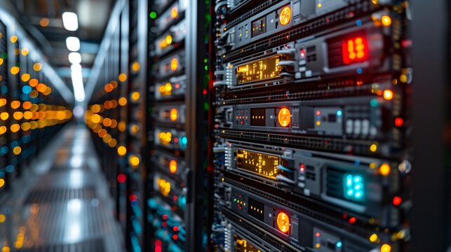 A server rack in a data center illuminated by vibrant LED lights, showcasing advanced computing infrastructure