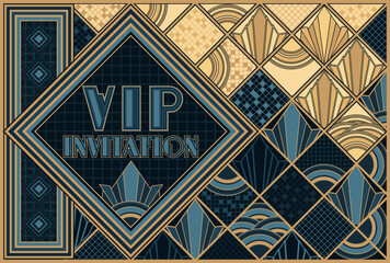 Vip greeting invitation card in art deco style, vector illustration