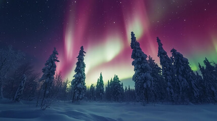 Fototapeta premium The sky is filled with auroras and the trees are covered in snow