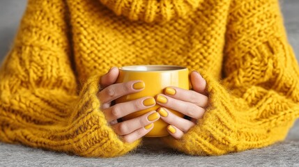 Woman's hands in a yellow knitted sweater hold a yellow mug. Cozy autumn mood.