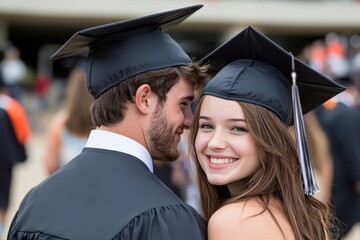 Fototapeta premium Two joyful graduates in caps and gowns celebrating their achievement, symbolizing success, education, and the exciting beginning of a new chapter in their lives.