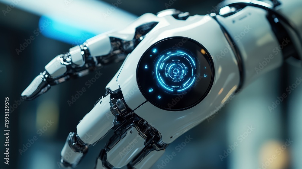 Poster a seamless digital button embedded in a futuristic robotic arm, showcasing ai-powered functionality
