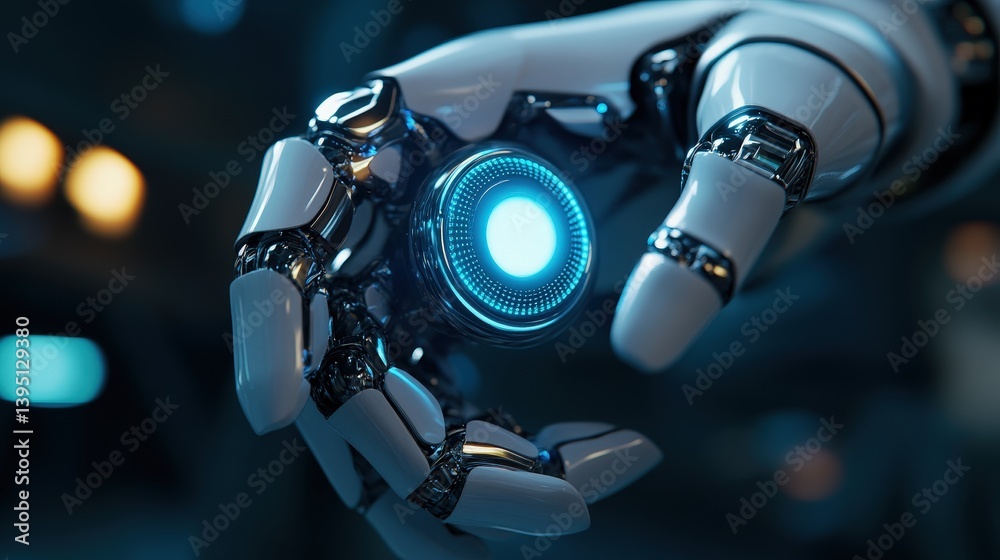 Poster a seamless digital button embedded in a futuristic robotic arm, showcasing ai-powered functionality