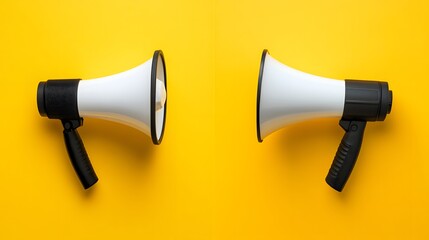 Two White Mega Phones on Yellow Background Announcement Concept