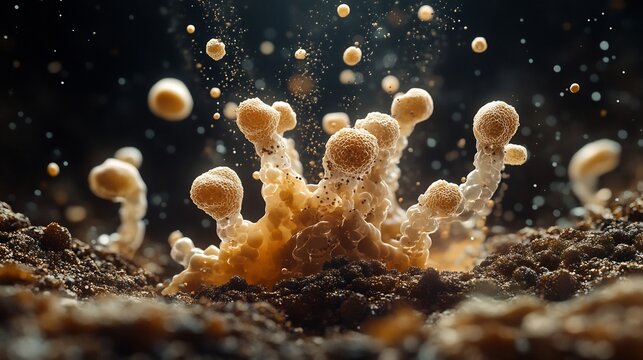 Streptomyces bacteria releasing spore soil microbiome art earthy tones microscopic view