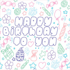 Hand-drawn multicolored doodle birthday cake, balloon, event decoration element. A party. Vector seamless pattern illustration on a black background. for printing and textile postcards.