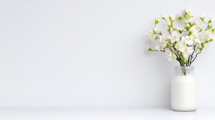 A white vase with delicate white flowers on a minimalist shelf, soft pastel background, elegant floral arrangement, and simple home decor concept.