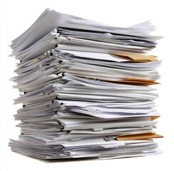 A large stack of disorganized documents sits on a desk, reflecting the hectic nature of office life. Papers are piled high, some partially falling over, indicating a busy workload