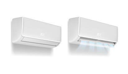 Air conditioners isolated on white background. Realistic vector illustration with air conditioners with cooling flows. Modern split system climate control for home. Product mockup concept.