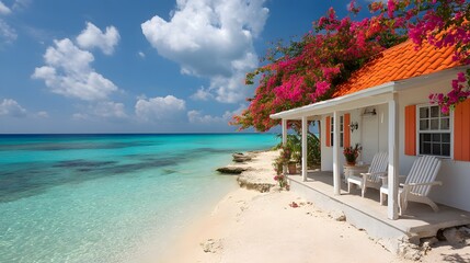 Obraz premium Charming white beach cottage with vibrant orange roof overlooks turquoise water, surrounded by pink bougainvillea and white Adirondack chairs on a wooden porch, tropical Caribbean setting. 
