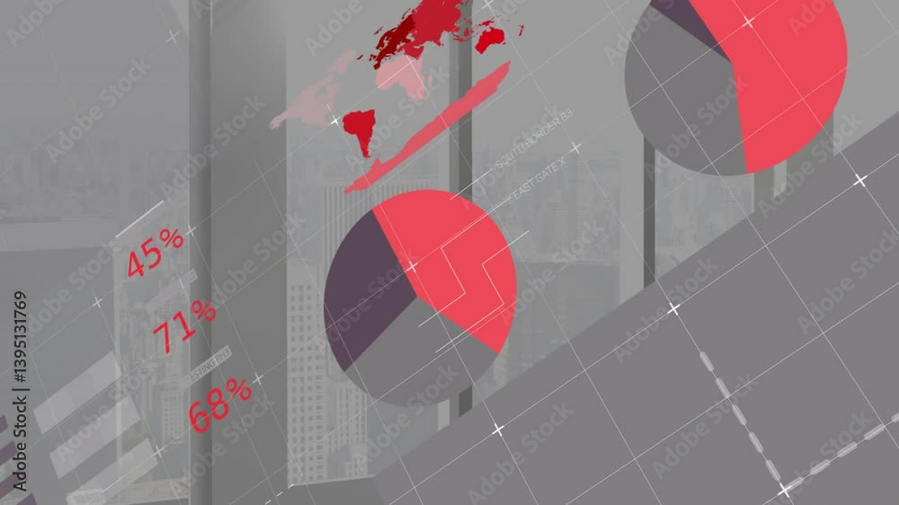 Poster overlaying cityscape, abstract geometric patterns and data lines creating animation effect