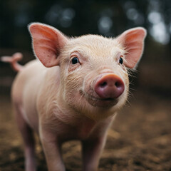 A cute pink piggy looks straight into the camera.