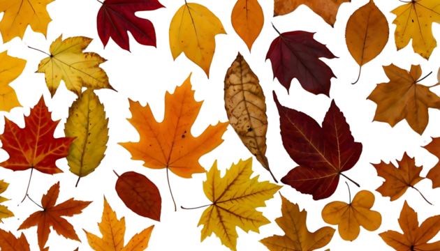  Collection of Colorful Autumn Leaves Scattered on a transparent Background - Fall Season Natural Elements, transparent png Background  - Powered by Adobe