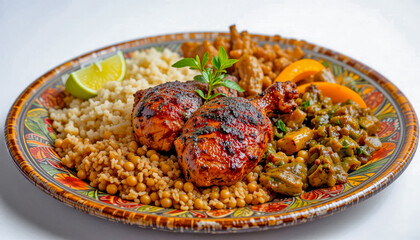 Fototapeta premium A vibrant plate features succulent glazed chicken, served alongside fluffy pearl couscous, sautéed seasonal vegetables, and a touch of lime.
