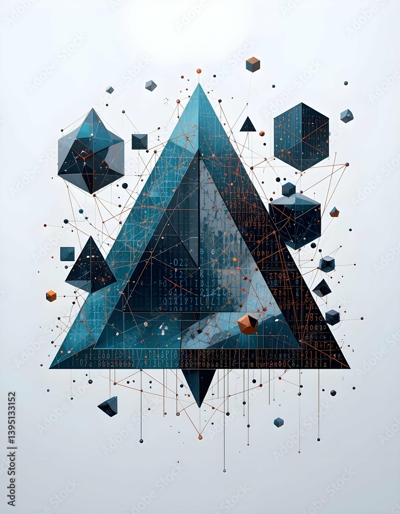 Poster a complex, abstract digital artwork features a central blue geometric pyramid surrounded by intercon