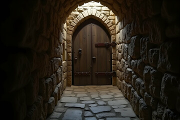 Fototapeta premium Mysterious Medieval Passage, A Dimly Lit Stone Tunnel Leading to a Wooden Door, Evoking a Sense of Adventure and the Secrets of a Historic Castle or Ancient Structure
