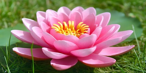 Obraz premium Stunning Pink Water Lily Flower Blooming in Green Grass