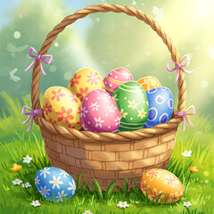 Basket of brightly colored Easter eggs on green grass with flowers.