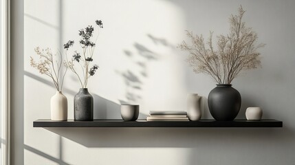 Wall shelves with beautiful decor pieces in a stylish bedroom interior. 