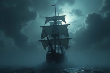 Obraz premium Mysterious Voyage, A Ghostly Ship Sails Through Stormy Seas Under the Pale Moonlight, Navigating the Ocean's Depths Amidst Dramatic Clouds and Eerie Silence