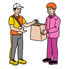 Delivery Man, Courier, and Postman Giving Paper Bag – Shipping and Logistics Character for E-commerce and Food Delivery