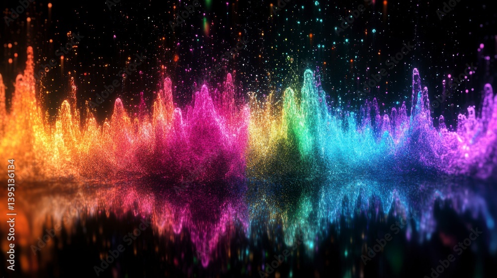 Fototapete abstract colorful wave pattern with vibrant rainbow hues and sparkling particles, reflecting on dark