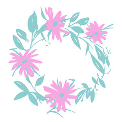Bright round frame with wreath of flowers. Hand-drawn illustration. Vector.