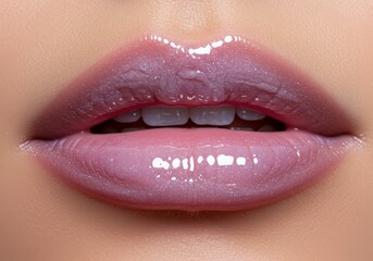 Obraz premium Close-up of Lips Wearing Glossy Purple Lip Gloss with Visible Teeth