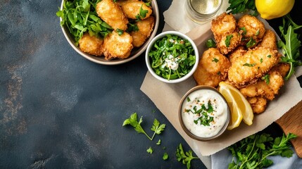 Fototapeta premium Crispy Fried Seafood Platter with Fresh Greens and Dipping Sauce