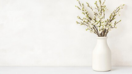 A white ceramic vase with delicate blooming branches on a minimalist white surface, and soft natural light creating a serene and elegant composition.