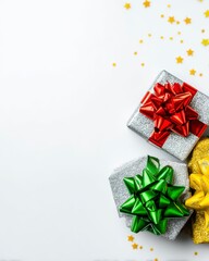 Obraz premium Silver Gift Boxes with Colorful Bows on White Background