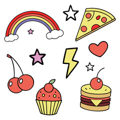 Playful Icons for Kids' Fashion,Vector Illustration Bright and Fun Illustrations for Every Kid.Ice cream cone
Rocket,Rainbow, Star,Cherries,Balloons,Cactus, Burger.