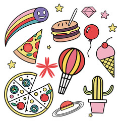 Playful Icons for Kids' Fashion,Vector Illustration Bright and Fun Illustrations for Every Kid.Ice cream cone
Rocket,Rainbow, Star,Cherries,Balloons,Cactus, Burger.