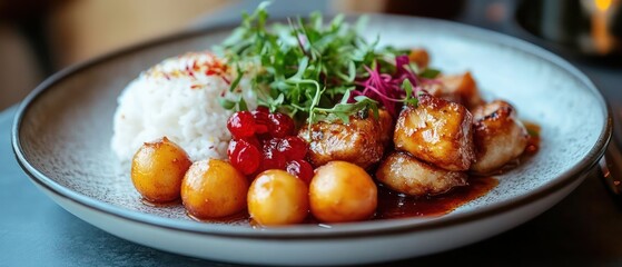 "A beautifully designed plate with Ramadan-inspired food art, stylish and modern, white background