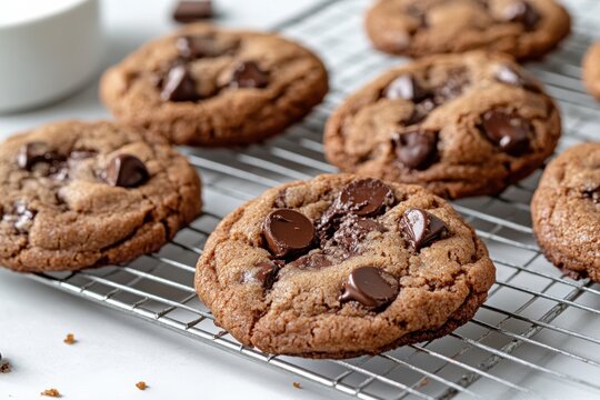This mouthwatering image showcases a batch of freshly baked chocolate chip cookies cooling on a wire rack, with gooey chocolate chips melting on top for a delicious treat.