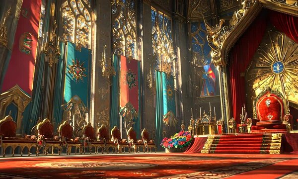 Grand royal throne room adorned with opulent decorations and vibrant floral arrangements