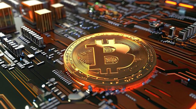 Bitcoin on circuit board, digital finance concept - Powered by Adobe