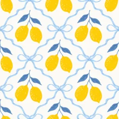 Gardinen Küche Muster  Seamless floral trellis pattern with bows and lemons. Summer coquette print. Italian vacation aesthetics. Cute background with citrus fruits. Vector trendy design for fabric, wrapping paper.  © Anna Bova