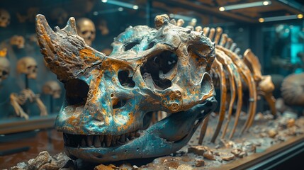 A fossilized dinosaur skull exhibit with vibrant hues, highlighting prehistoric history and scientific discovery